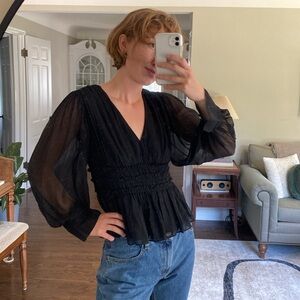 Rebecca Taylor black sheer balloon sleeve blouse